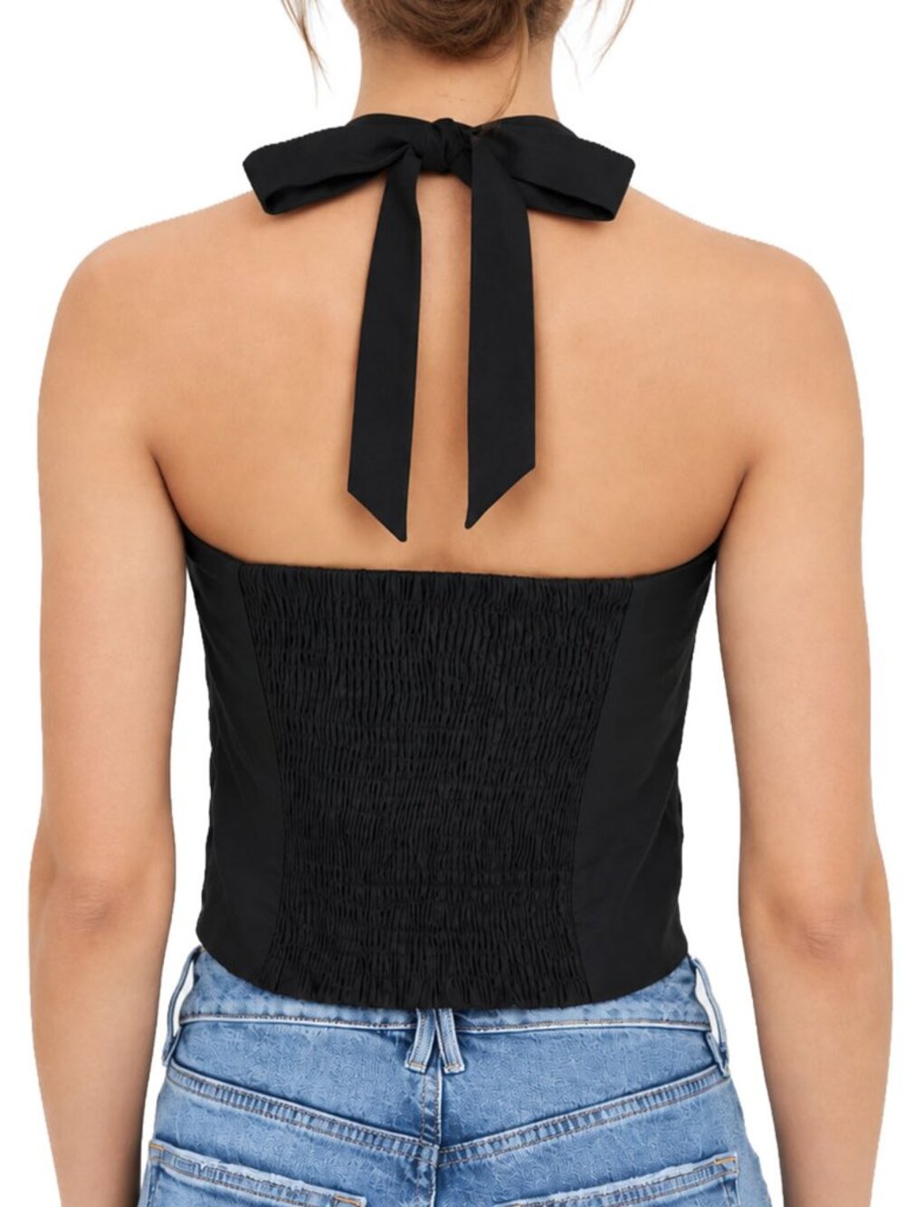 Reformation Malika Linen Top Black Halter Top Bow Tie Minimalist Chic 4